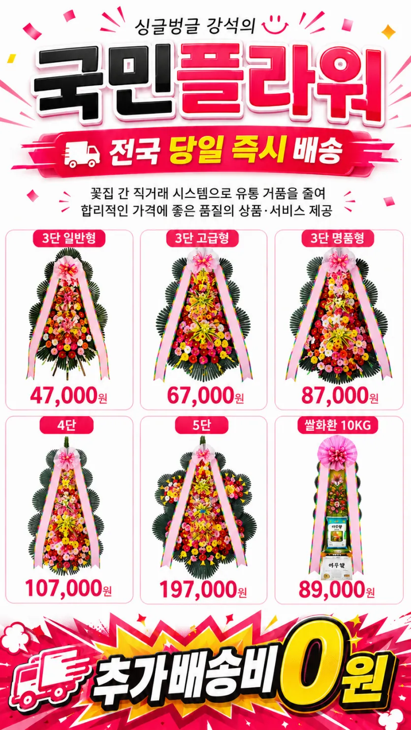 칠순·팔순 잔치 장소로 보내는 국민플라워 축하화환 등급 포스터 - 3단 일반형 47,000원부터 5단 197,000원까지
