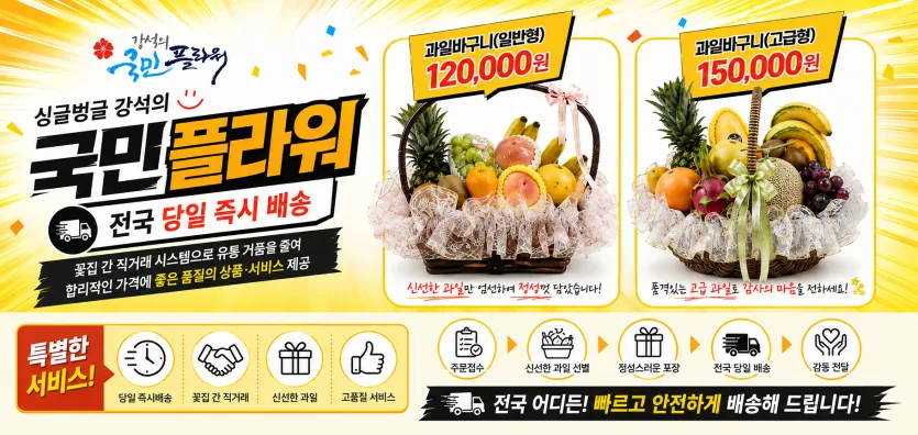 과일바구니 일반형과 고급형 비교 배너 - 국민플라워 병문안 선물 3시간 배송